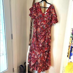 Tanya Taylor Red Colorful Animal Print Flutter Sleeve V-Neck Maxi Dress XL 16